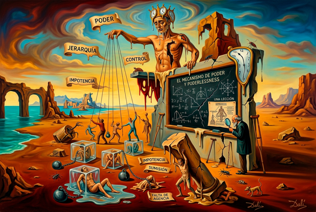 Surreal painting showing a skeletal figure with clock crown controlling puppets, chained figures in cubes, and a man studying a chalkboard about power