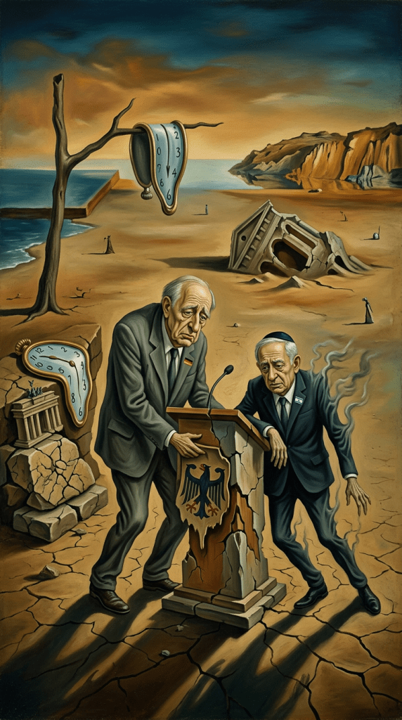 Two somber men in suits leaning on a cracked podium with melting clocks and ruins in a barren landscape