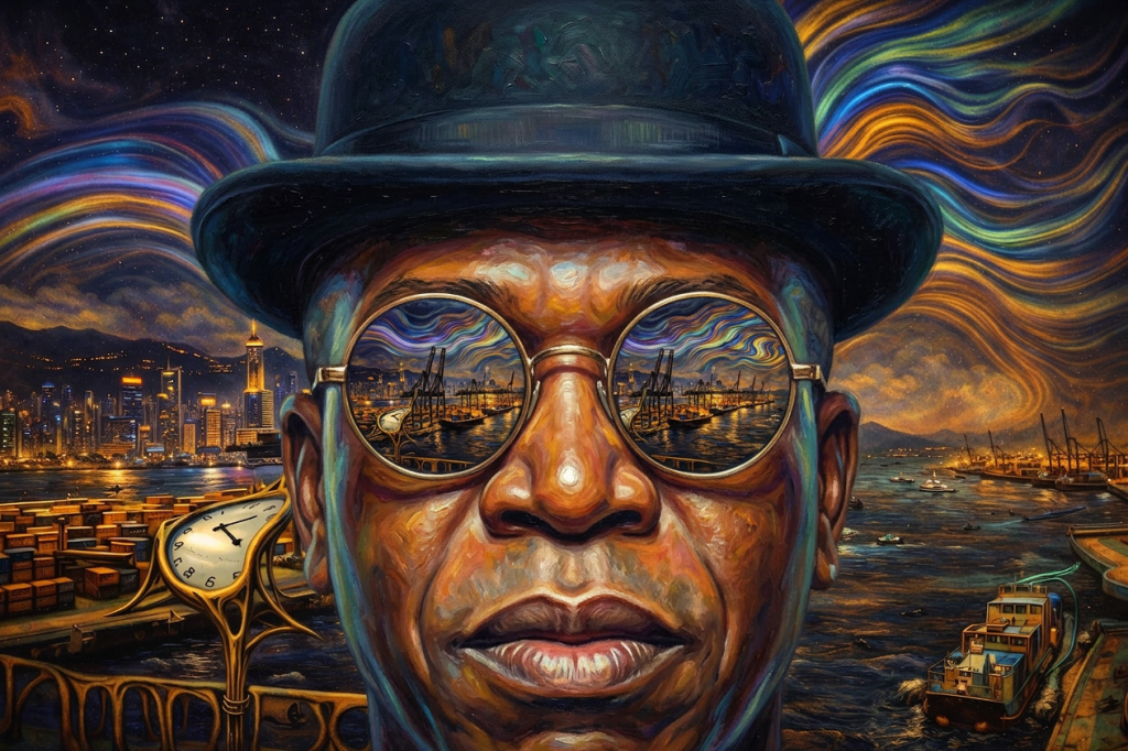 City harbor at night with shipping cranes and colorful aurora lights in the sky