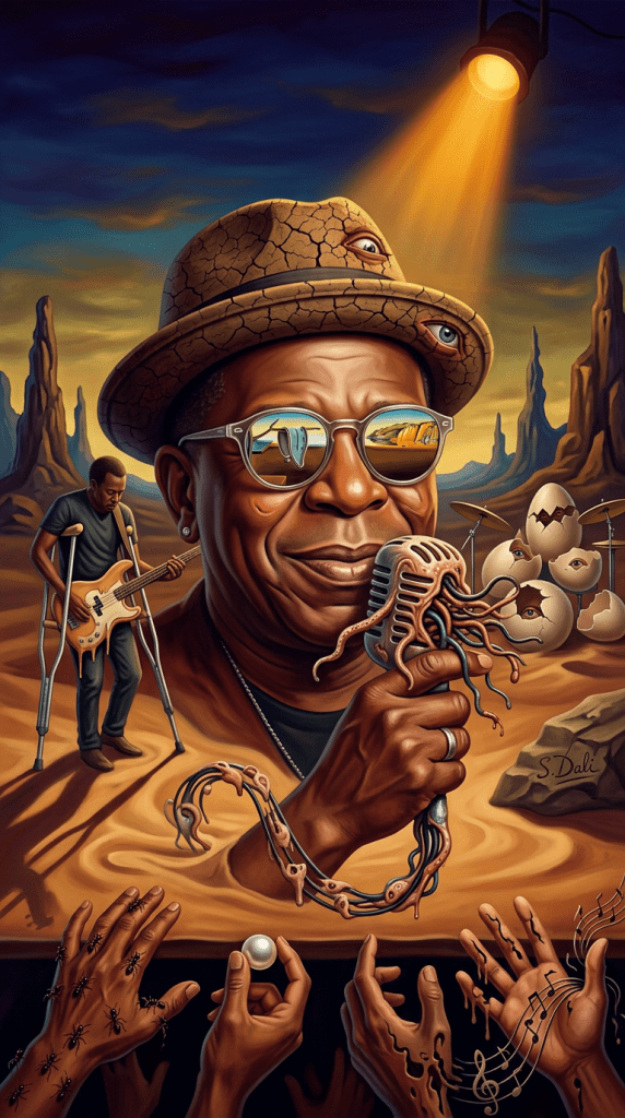 Closer view, surreal Dali-style stage performance