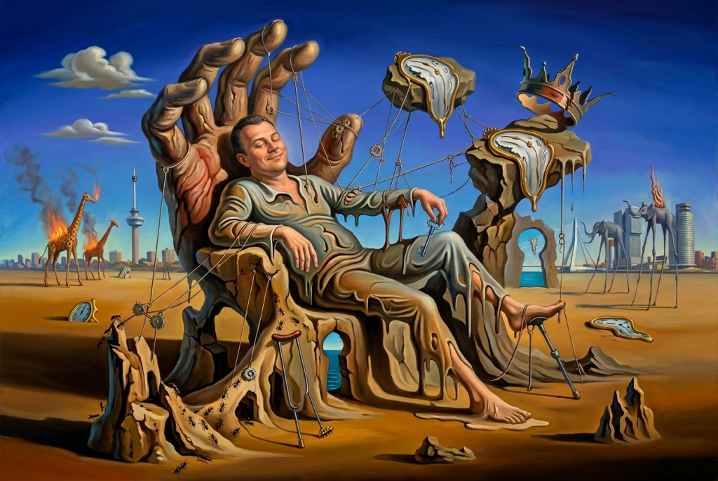 A relaxed man controlled by strings on a melting throne with surreal melting clocks and elongated animals in a desert