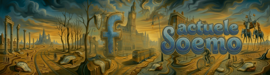Surreal city scene with melting clocks on buildings, street lamps, and a tram