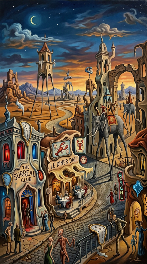 Surreal city with melting clocks, tall distorted towers, long-legged elephants, and people near a restaurant named Le Diner Dali