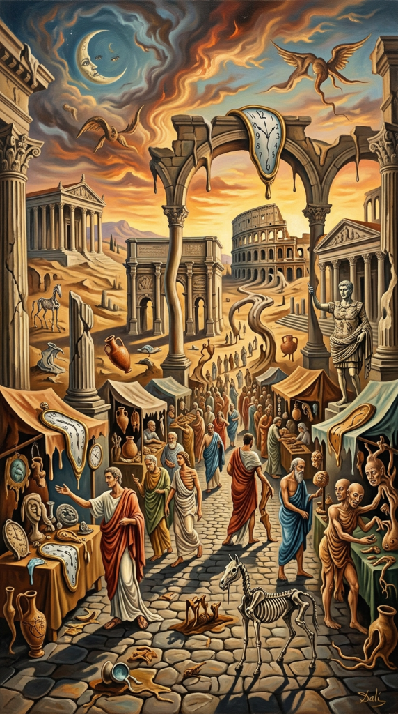 Surreal Roman marketplace with people, melting clocks, ancient ruins, and skeletal horse